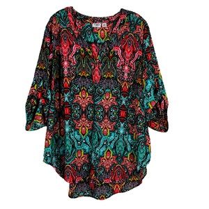 Cato Woman Plus SZ 18/20 Vibrant Paisley Tunic Top Blouse w/Roll Tab Sleeves